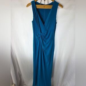 Aqua Blue Chaps Size 10 Slinky V Neck Faux Wrap Maxi Formal Dress
